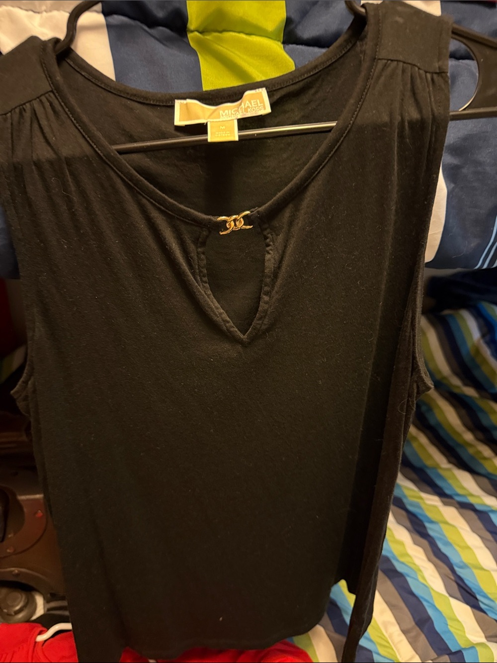 Michael Kors Black Sleeveless Keyhole Tank with Gold Accent